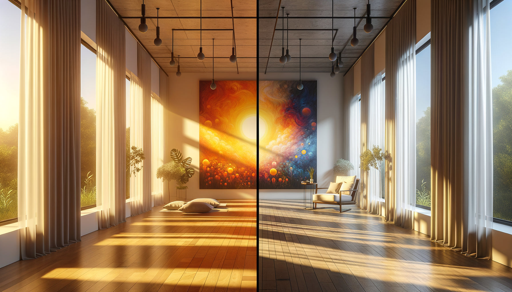 Comparaison d'un mur de studio de yoga le matin avec lumière vive et le soir avec éclairage tamisé