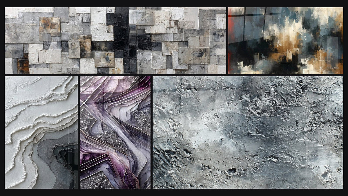 Mosaïque de cinq tableaux, dont Chaos Organisé, Lames de Quartz et Abstrait gris argenté texturé