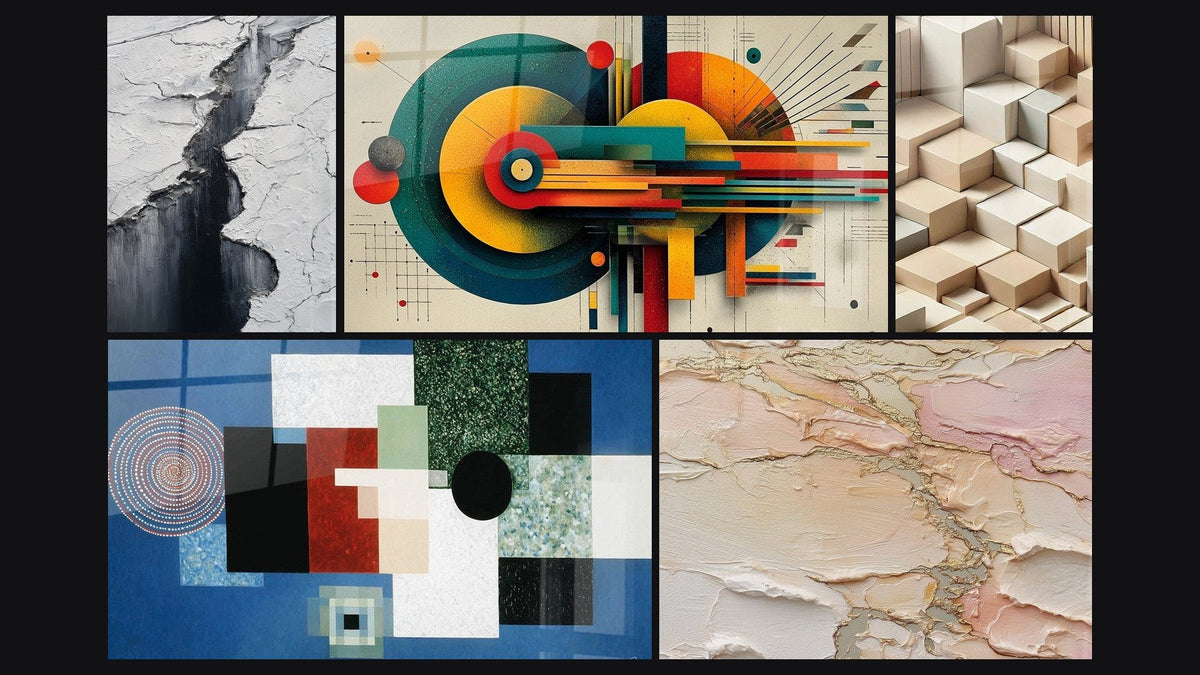 Mosaïque de cinq tableaux, dont Crevasse Glaciaire Gris et Noir et Géométrique Énergie Concentrique