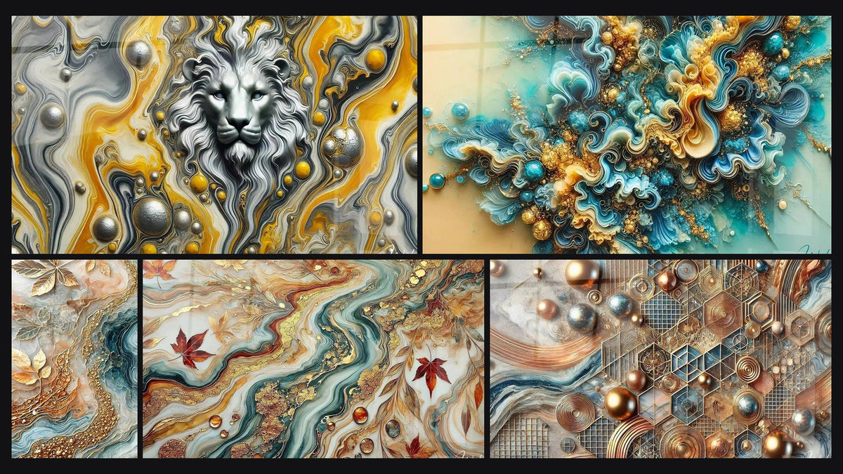 Mosaïque de cinq tableaux, dont Garde Doré, Feuilles d'Or et Vagues de Saphir