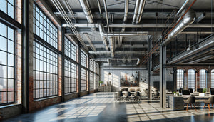 Tableau au style industriel avec textures métalliques brutes sur mur de briques dans un loft rénové professionnel contemporain