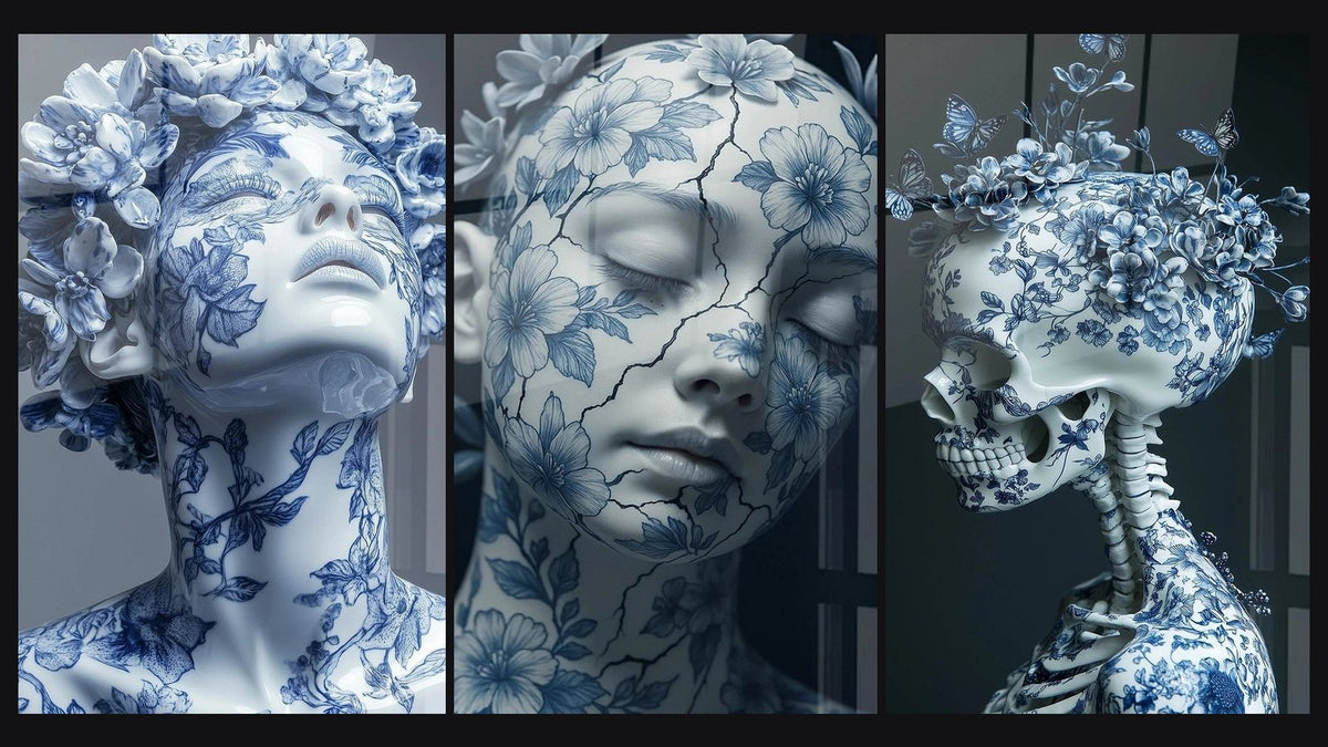 Mosaïque de trois tableaux, dont Visage de Chine -Édition Style Porcelaine et Beauté Fêlée -Édition Style Porcelaine