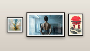 Galerijwand met drie ingelijste schilderijen, waaronder Balletdanseres Studio
