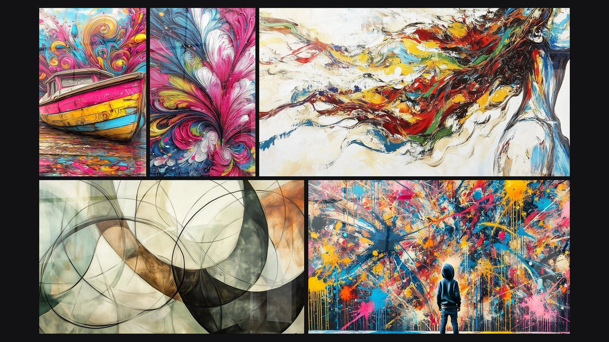 Mosaic of five paintings, including Colorful Boat, Multicolor abstract flower and Modern Muse