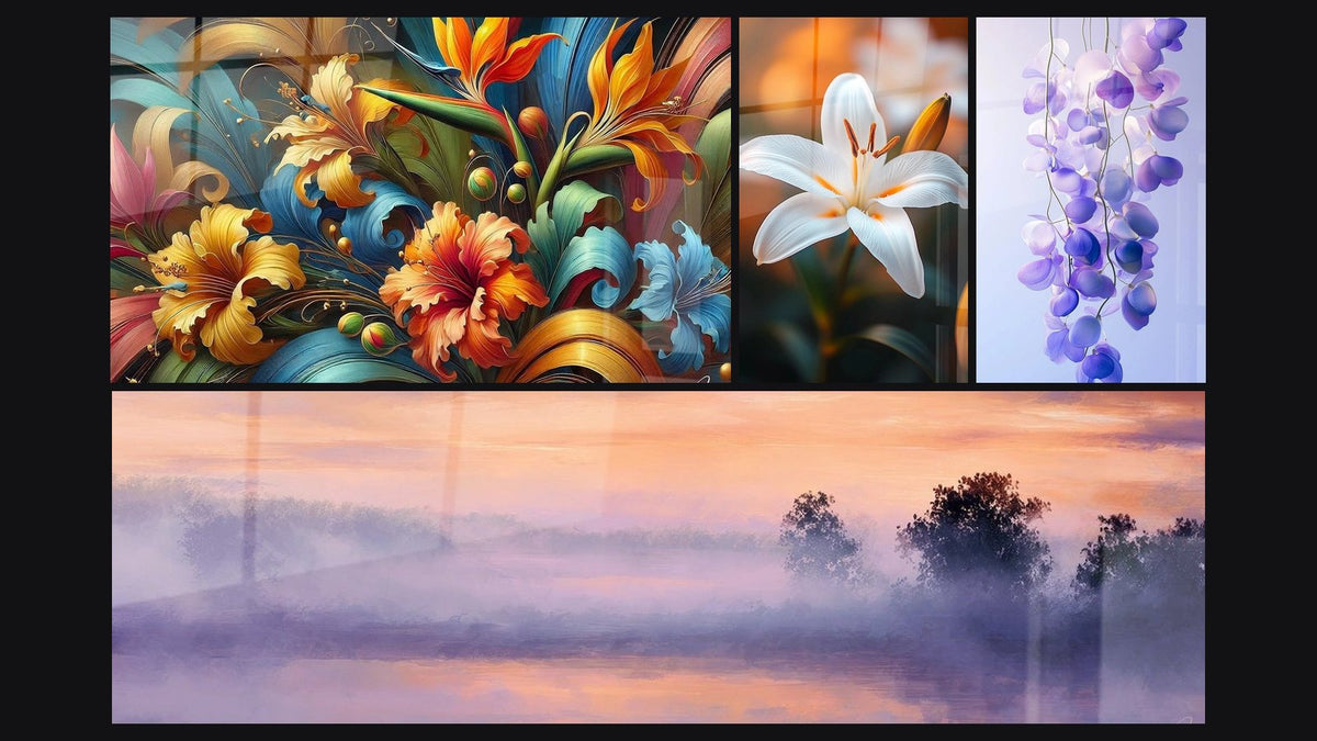 Mosaic of four paintings, including Botanical Rhapsody, Lily Wall Art N°2 and Wisteria Wall Art No. 1