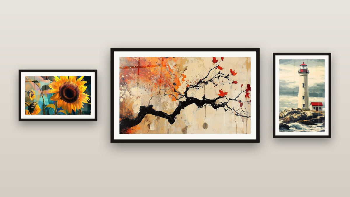 Gallery wall with three framed paintings, including Terracotta Wall Art No.4 and Sunflower Wall Art No. 1