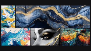 Mozaïek van vijf schilderijen, waaronder Met abstracte kleurexplosie, Abstracte kleurexplosie en Gouden Traanoog