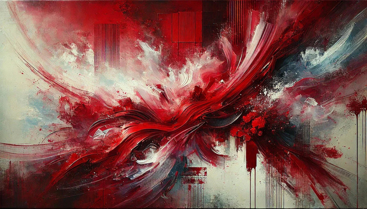 Toile abstraite rouge avec des nuances de carmin et bordeaux, présentant des textures dynamiques et un effet vibrant, idéale pour une décoration murale moderne.