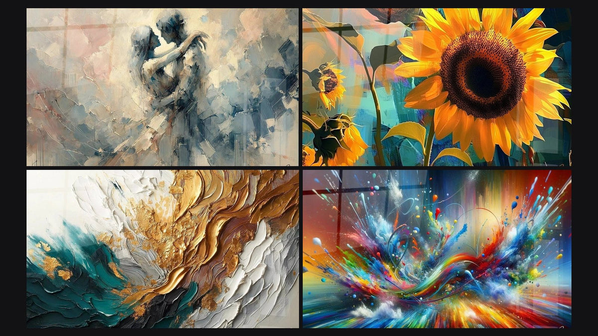 Mosaïque de quatre tableaux, dont Entre Nous, Tournesol N°1 et Trace en Or et Jade