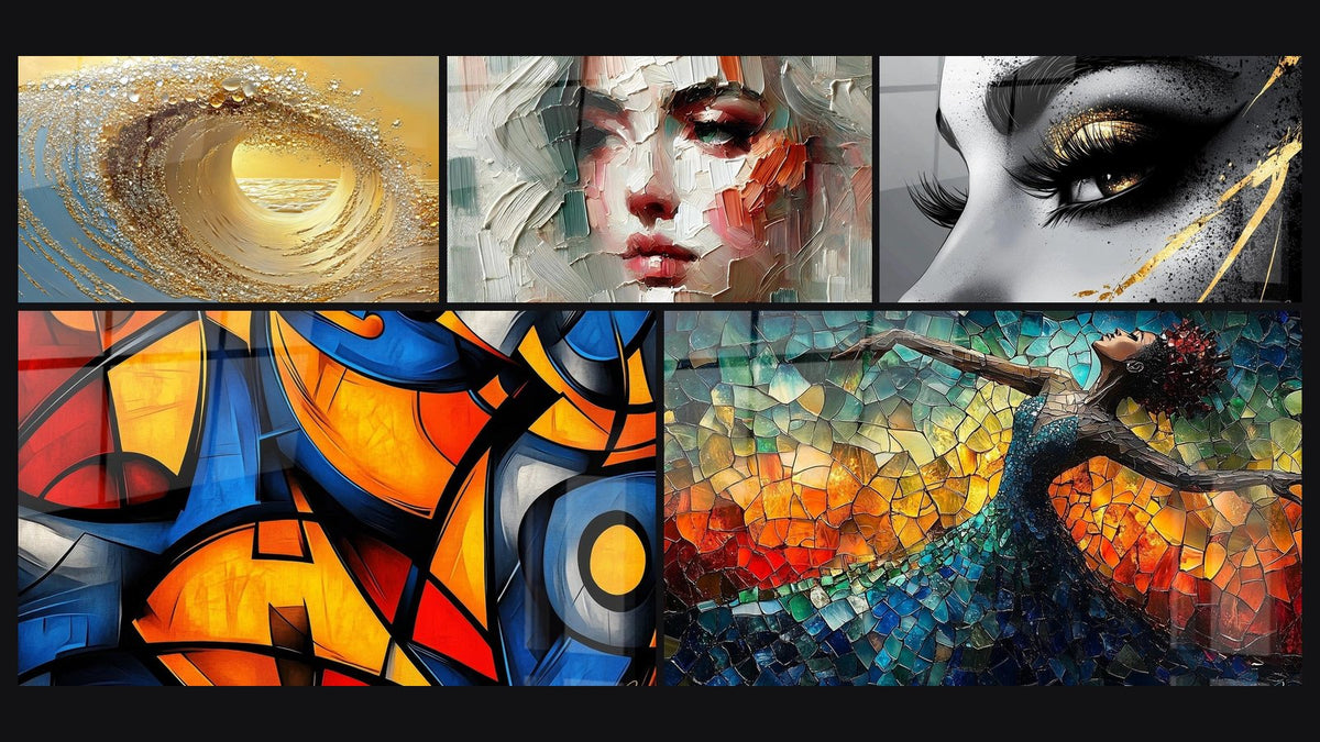 Mosaic of five paintings, including Golden wave tunnel, Close to the Skin and Colored geometric shapes