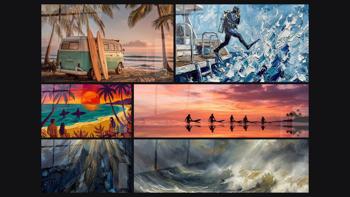 Mosaik aus sechs Gemälden, darunter Tropical Sunset Art, Silhouetten von Surfern und Sturm auf dem Meer