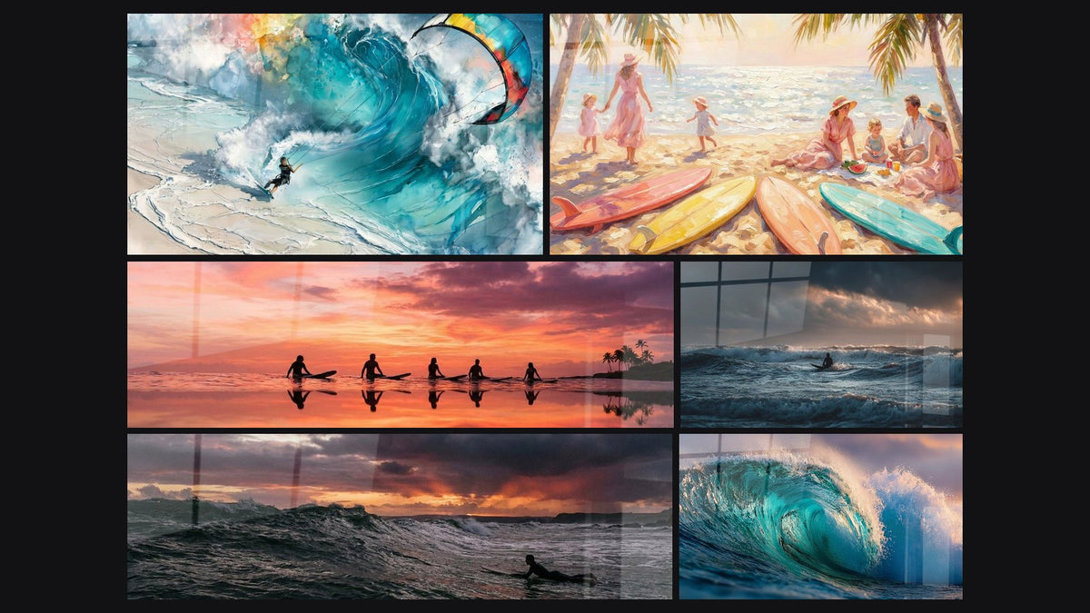 Mosaico de seis cuadros, entre ellos Siluetas de Surferos, Surfista al Atardecer y Surfista Solitario