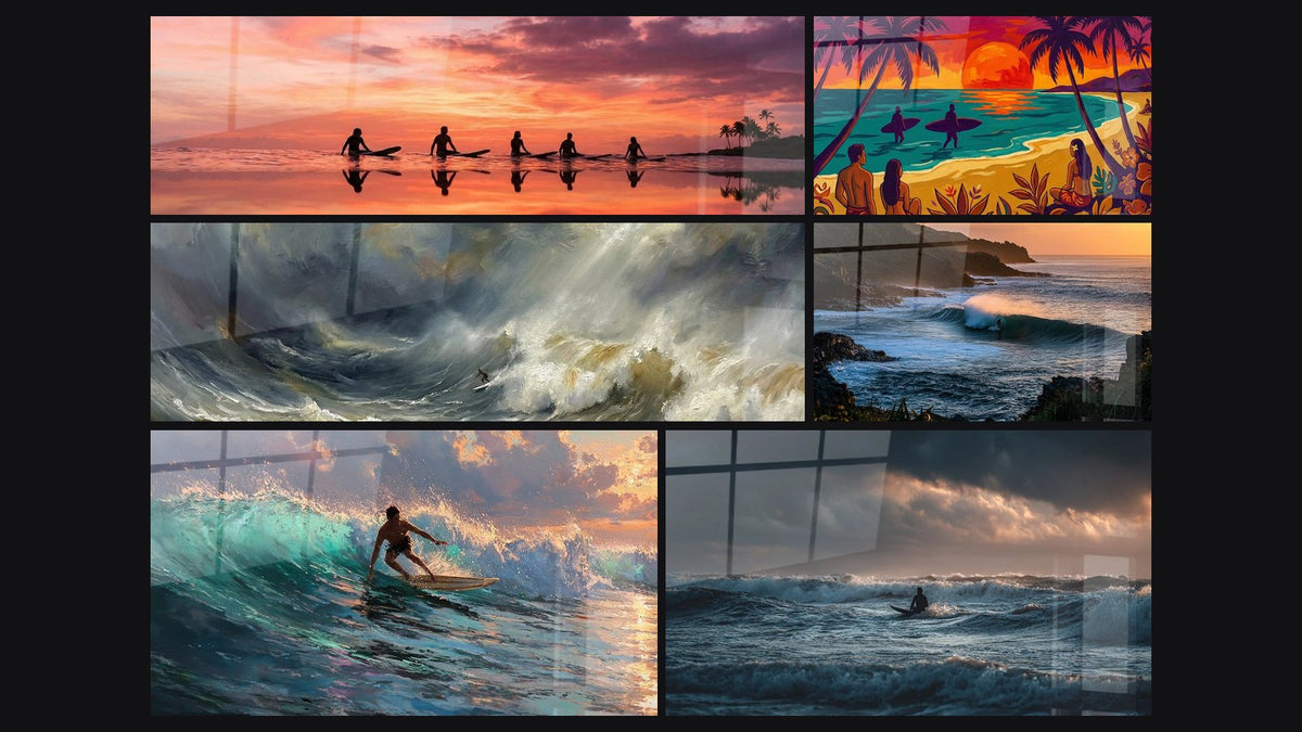 Mosaïque de six tableaux, dont Silhouettes de Surfeurs, Tempête en Mer et Coucher de Soleil Tropical