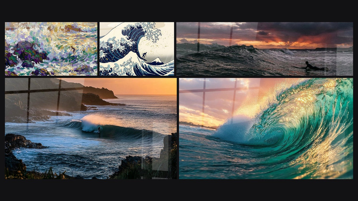 Mosaïque de cinq tableaux, dont Vagues Impressionnistes, Grande Vague de Kanagawa Surf et Vague au Coucher de Soleil