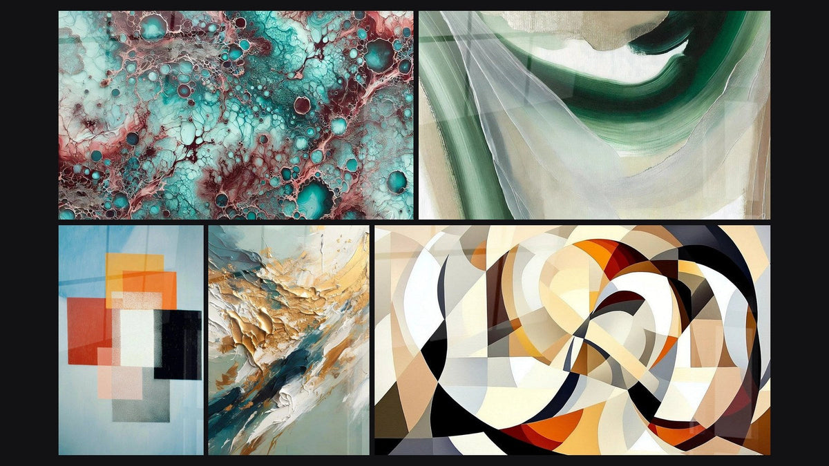 Mosaïque de cinq tableaux, dont Essence de Grenat, Formes Géométriques Contraste Fonctionnel et Soie d'Émeraude