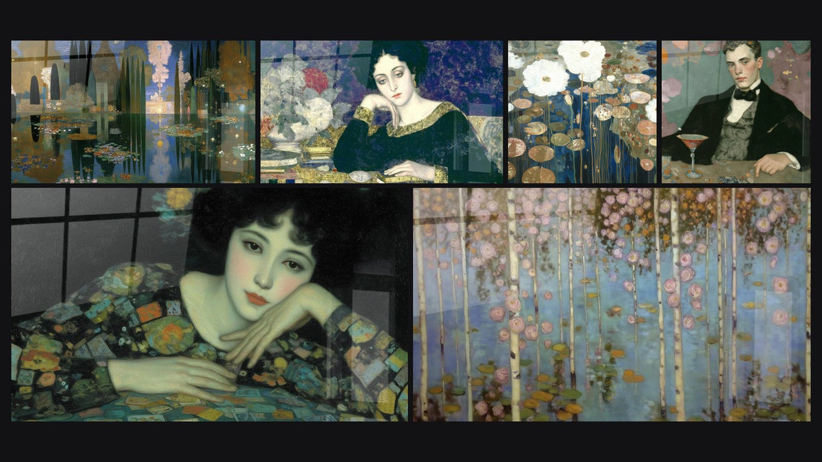 Mosaïque de six tableaux, dont Paysage Eaux Contemplatives, Femme Langueur Poétique et Femme regard absent
