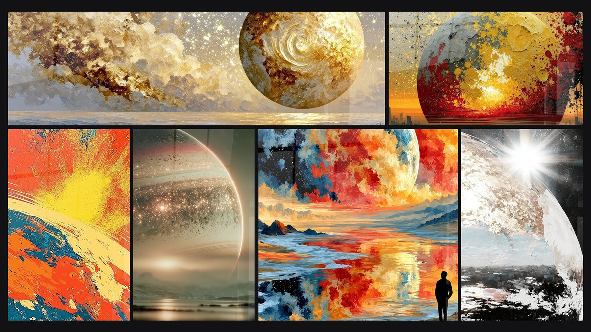 Mosaic of six paintings, including Golden and Brown Sphere on Sparkling Sea and Solar Eclipse Orange and Petrol Blue