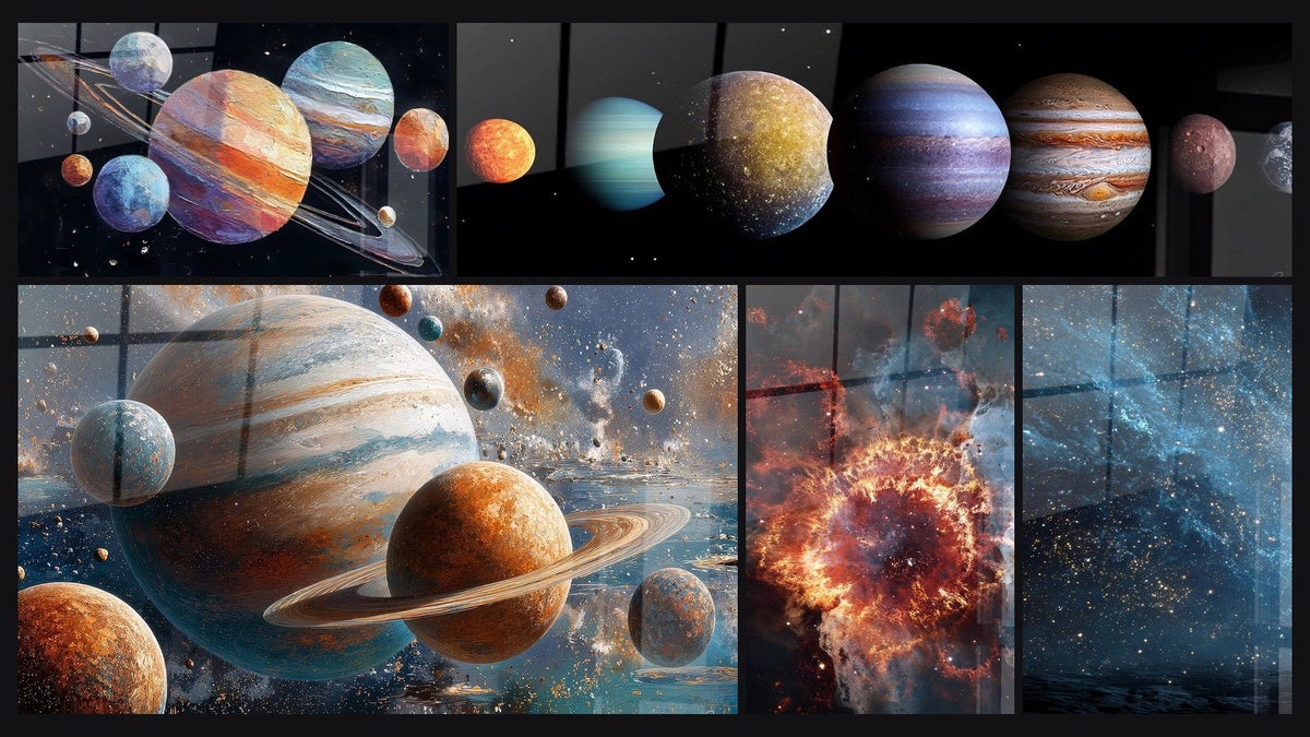 Mozaika pięciu obrazów, w tym Systemu słonecznego artystyczny, Systemu słonecznego i Planet Układu Słonecznego