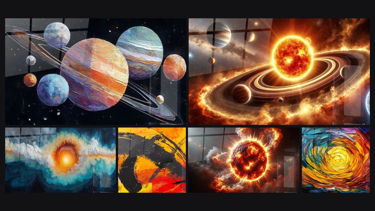 Mosaico de seis cuadros, entre ellos Sistema solar artístico, Danza de los Titanes y Explosión Solar
