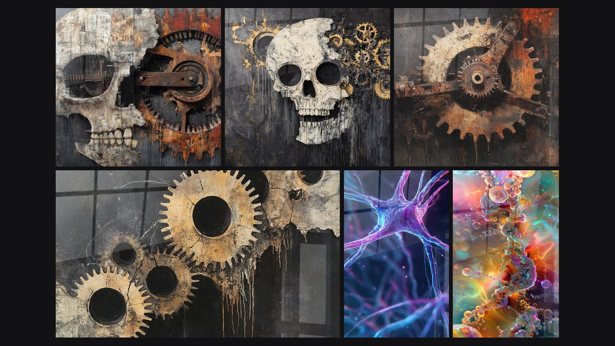 Mosaik aus sechs Gemälden, darunter Mechanischer Schädel-Wandbild, Mechanische Zahnräder und Steampunk-Schädel