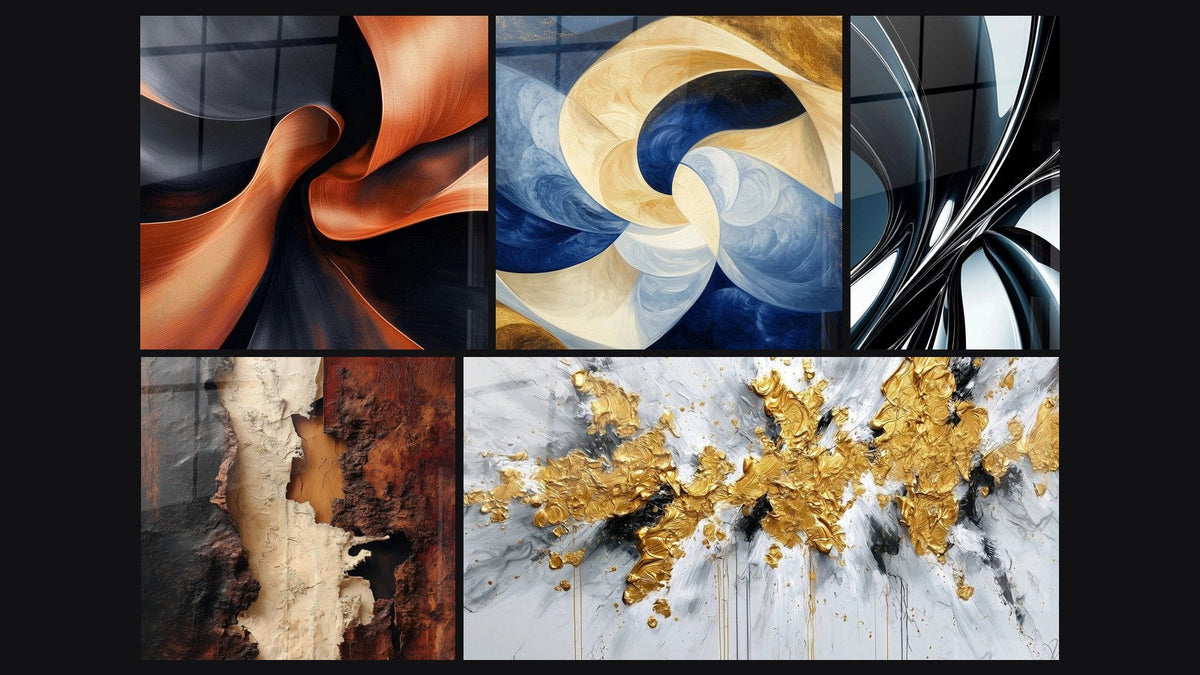Mosaic of five paintings, including Sculptural Momentum Copper, Divine Breath White and Metallic chrome spiral