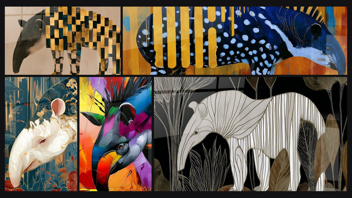 Mosaik aus fünf Gemälden, darunter Leinwand Tapir Weiß Blau Petrol Blumen Rot und Blaues Tapir mit goldenen Flecken