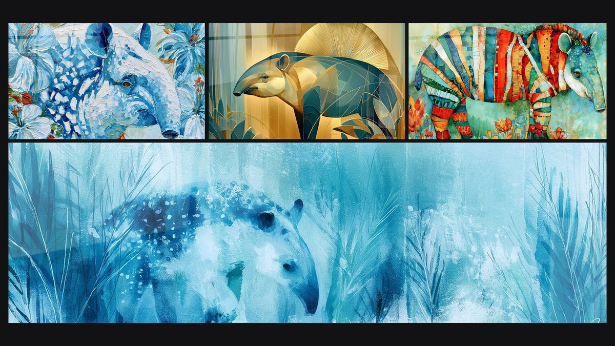 Mosaico di quattro quadri, tra cui Tapir blu e bianco circondato da ibisco e Tapir blu e bianco tra le fronde