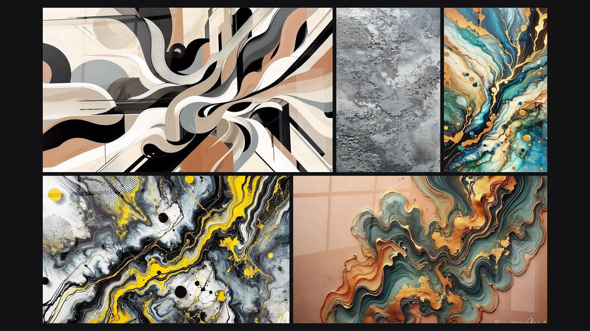 Mozaïek van vijf schilderijen, waaronder Grafische Trillingen, Zwart Impact en Mineraal Labyrint