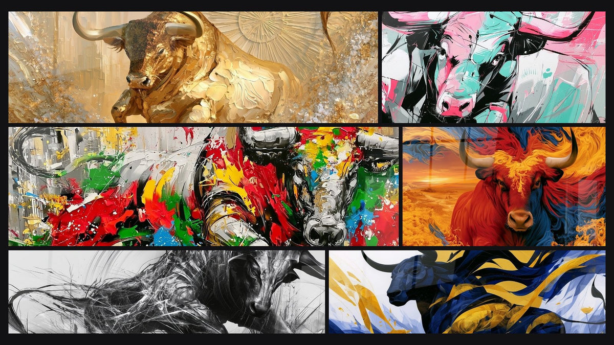 Mosaik aus sechs Gemälden, darunter Stier Schwarz und Weiß mit Feinen Linien und Leinwand Bulle Marine und Gold Wirbelnd