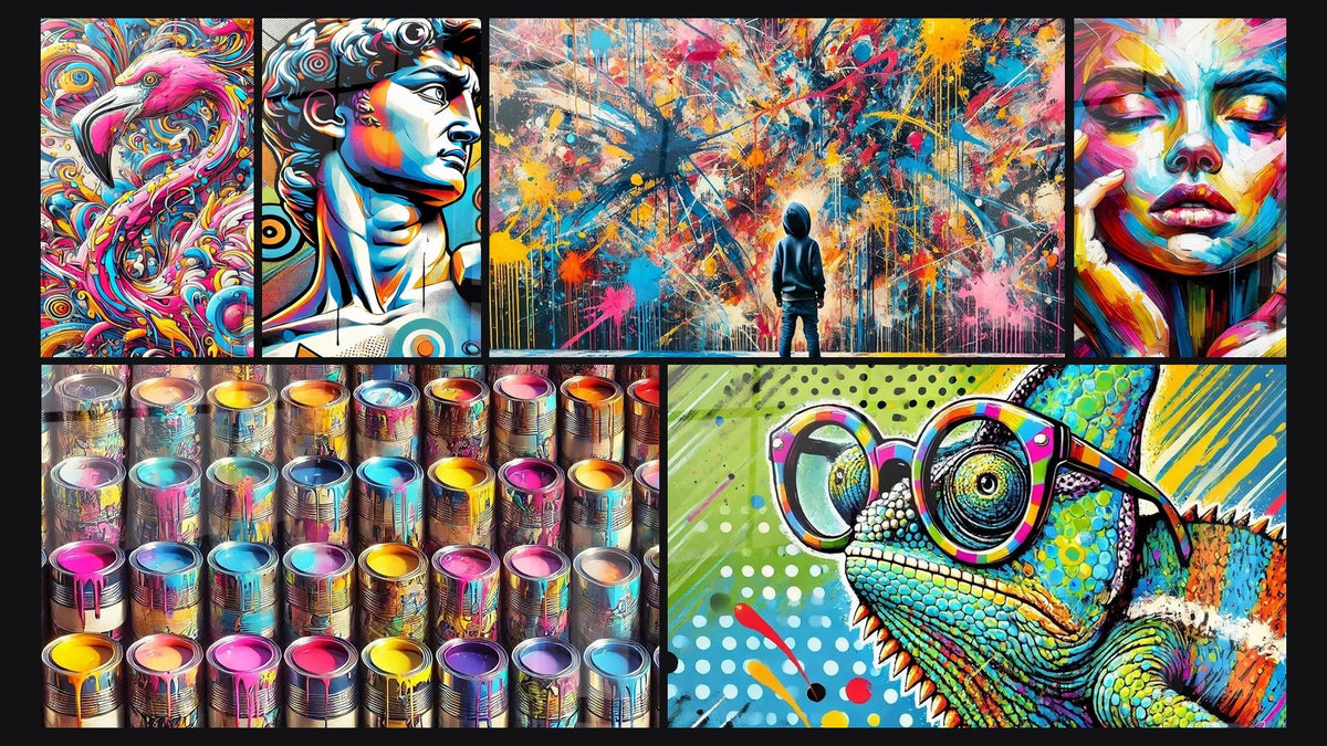 Mosaïque de six tableaux, dont Vortex de Couleurs, Renaissance Pop et L'Art en Boîte
