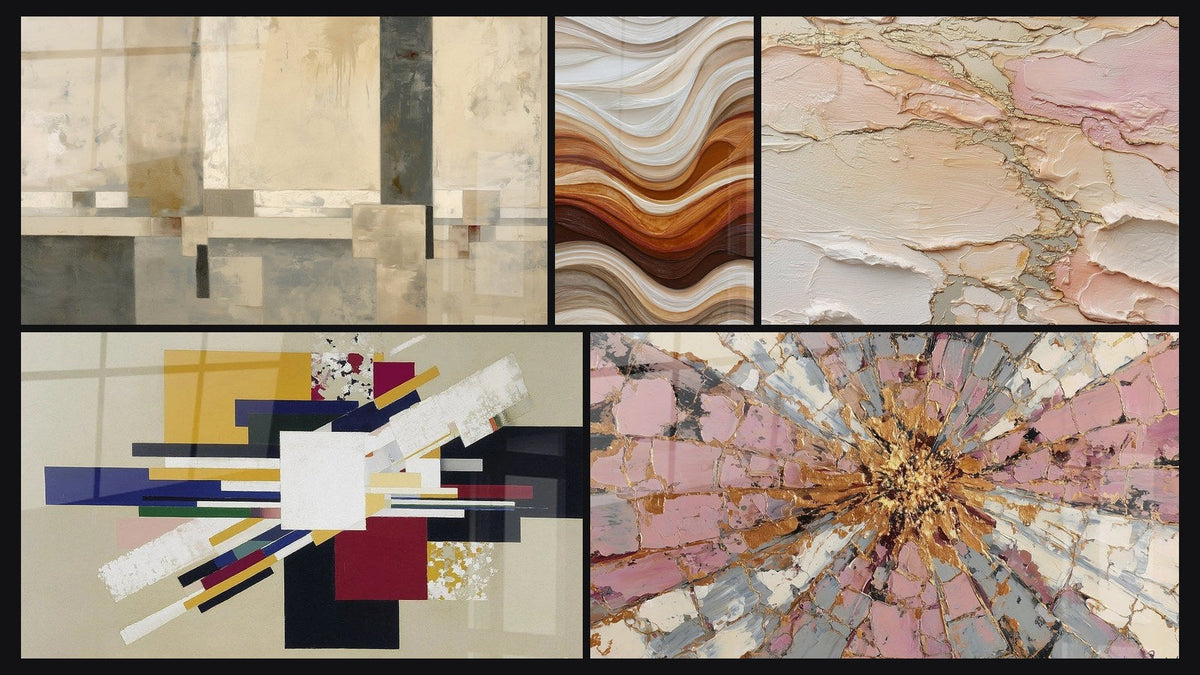 Mosaico de cinco cuadros, entre ellos Composición geométrica beige y gris y Ondas Fluidas Tierra y Cobre