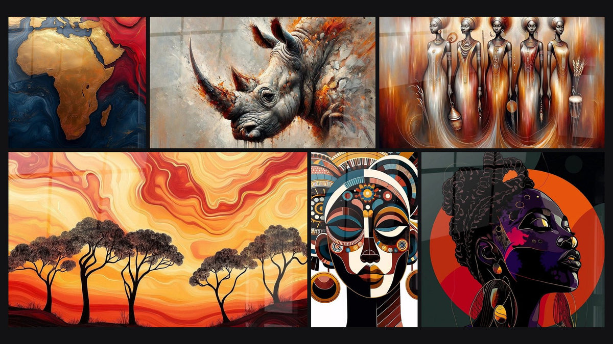 Mosaïque de six tableaux, dont Afrique Terres dorées, Terres Africaines Rêves nomades et Fureur de la Terre