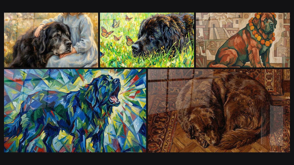 Mosaïque de cinq tableaux, dont Enfant et Chien Noir dans un Jardin Fleuri et Terre Neuve Expressionniste Multicolore