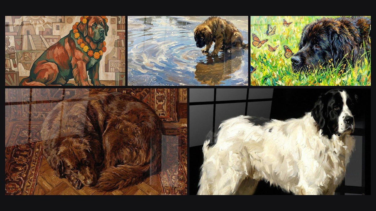 Mosaïque de cinq tableaux, dont Chien aux Tons Roux sur Fond Maya et Terre Neuve Endormi sur Tapis Oriental