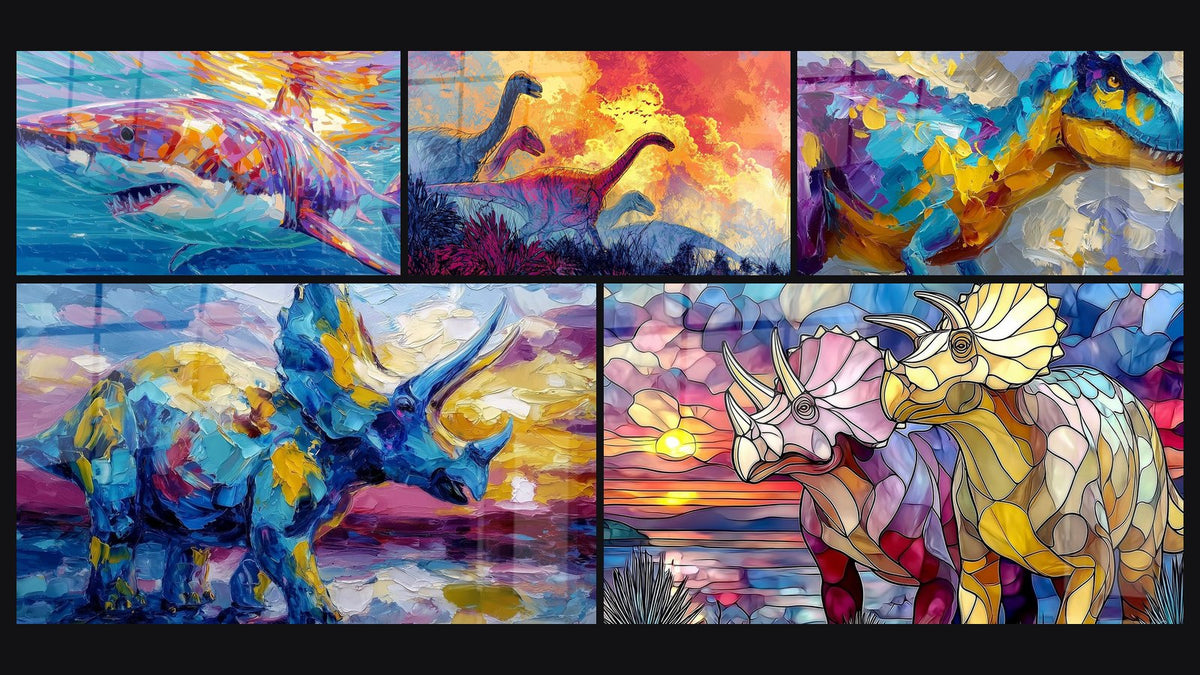 Mosaïque de cinq tableaux, dont Requin Coloré, Triceratops et Sauropodes Coucher de Soleil