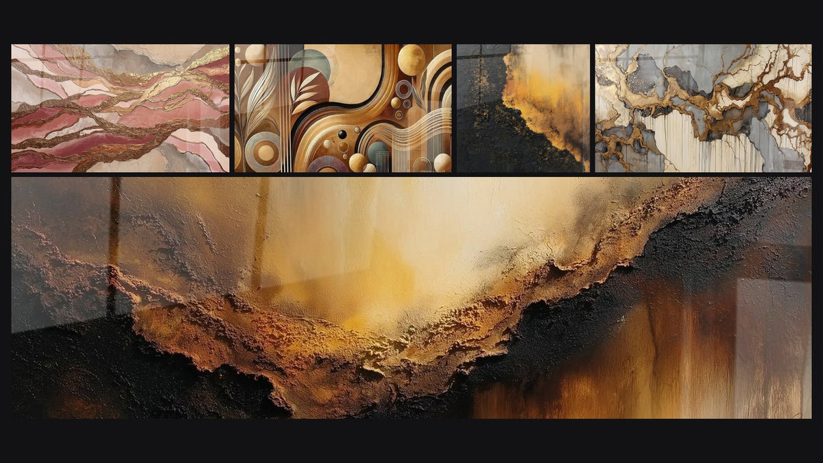 Mosaïque de cinq tableaux, dont Harmonie Terrestre et Abstrait fluides organiques beiges dorés