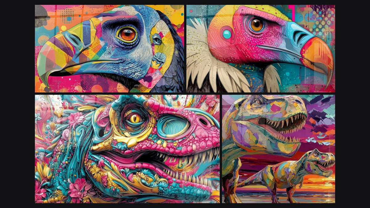 Mosaïque de quatre tableaux, dont Argentavis Multicolore, Vautour Coloré et Dinosaure Psychédélique