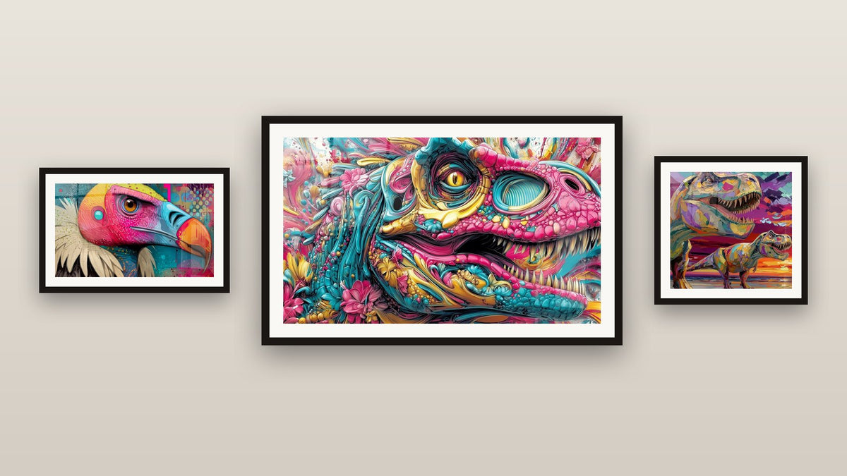 Gallery wall with three framed paintings: Colorful Vulture, Colorful T-Rex and Psychedelic Dinosaur
