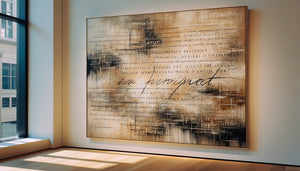 Œuvre d'art contemporaine combinant peinture abstraite et texte manuscrit intégré, style art conceptuel moderne