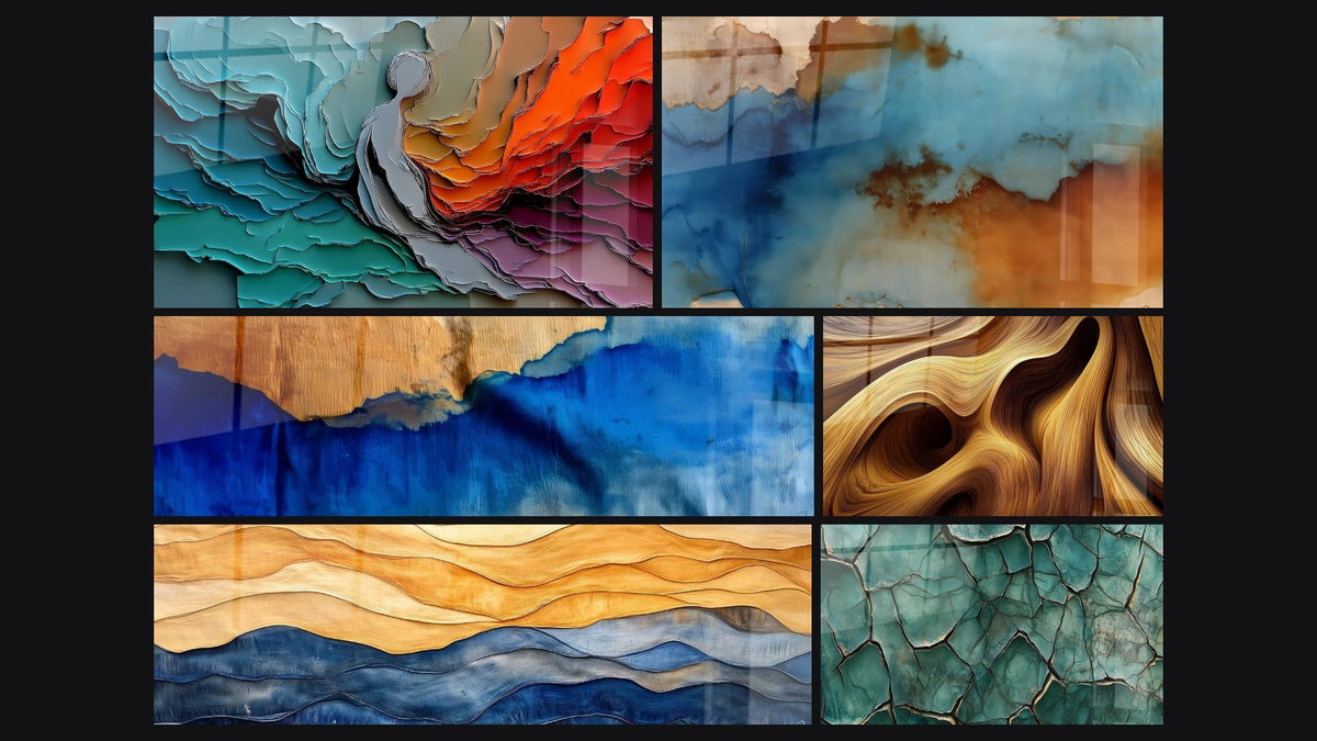 Mosaïque de six tableaux, dont Couches géologiques colorées, Nuages abstraits et Vagues bleues et bois