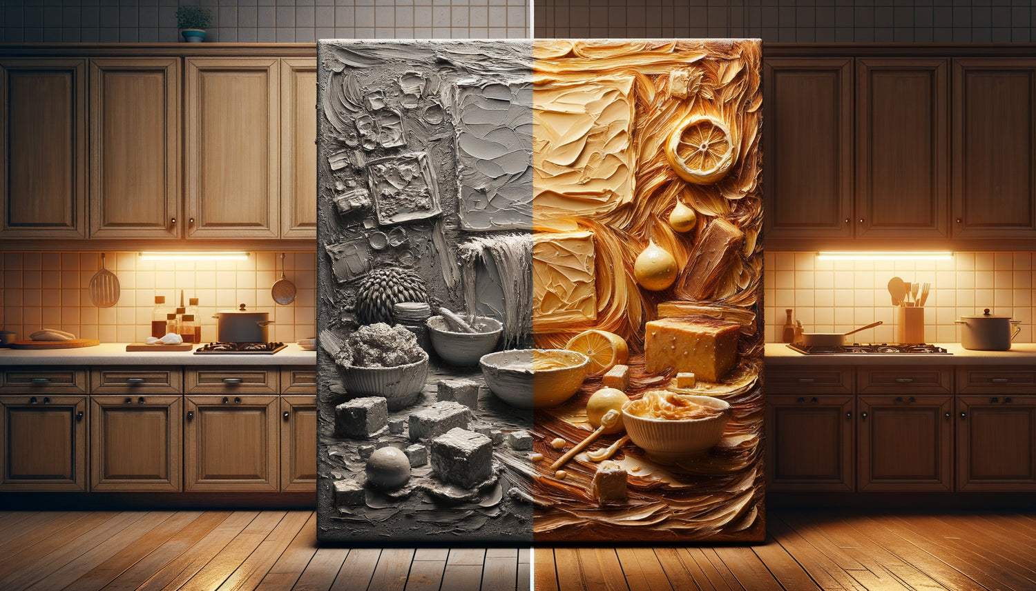 Comparaison photographique rapprochée entre tableau texturé en relief accumulant la graisse et surface lisse dans une cuisine