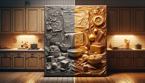 Comparaison photographique rapprochée entre tableau texturé en relief accumulant la graisse et surface lisse dans une cuisine