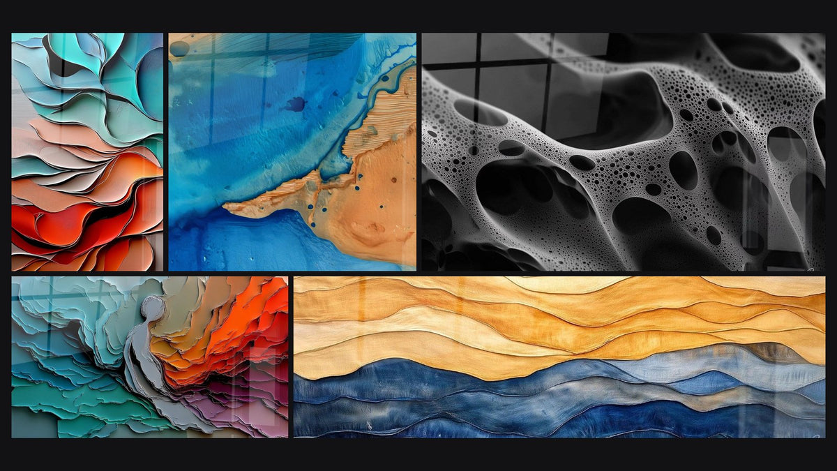 Mosaïque de cinq tableaux, dont Formes ondulantes fluides, Couches géologiques colorées et Océan abstrait