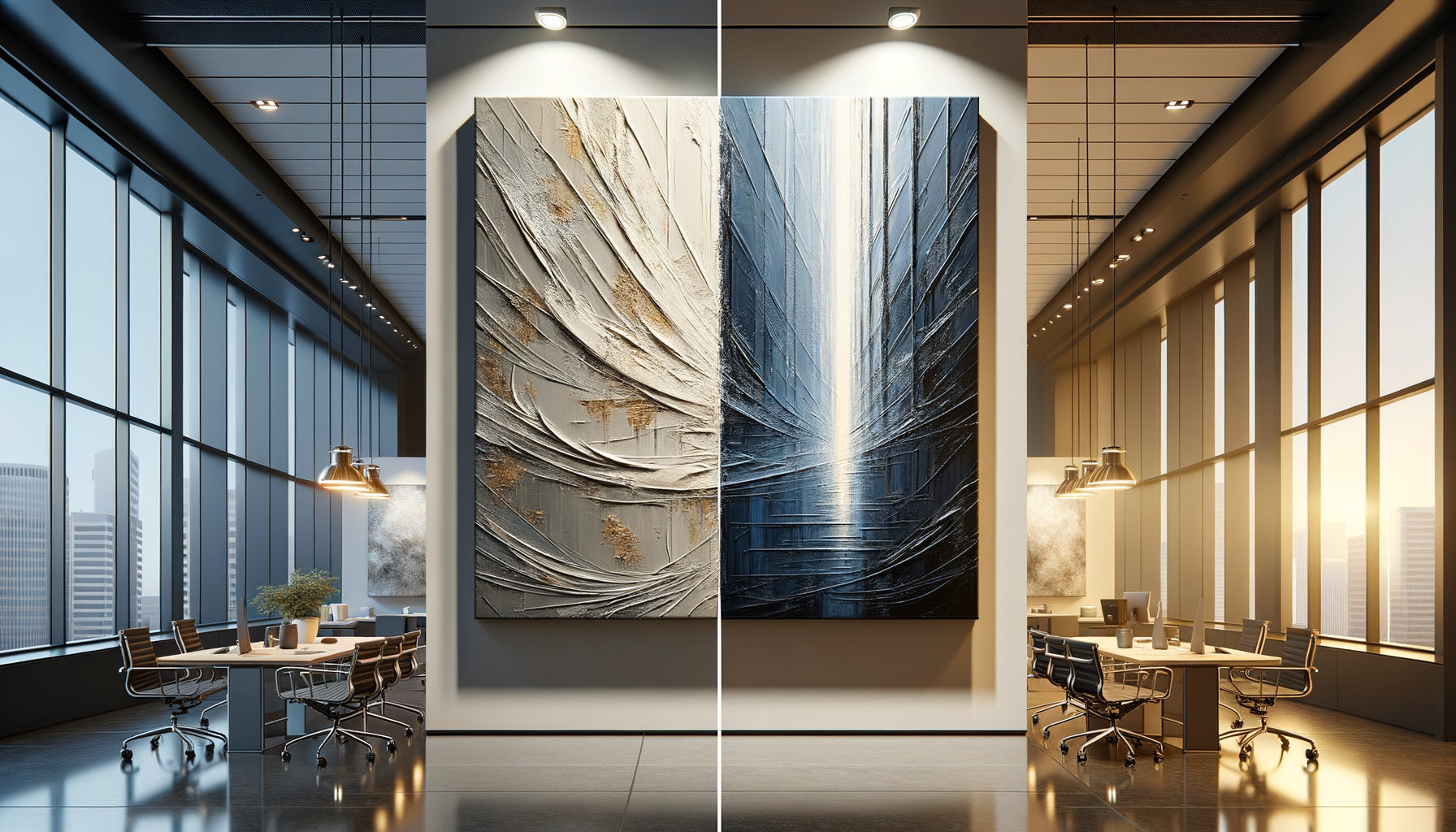 Comparaison rapprochée de deux tableaux abstraits : texture épaisse à gauche, surface lisse à droite, bureau professionnel moderne