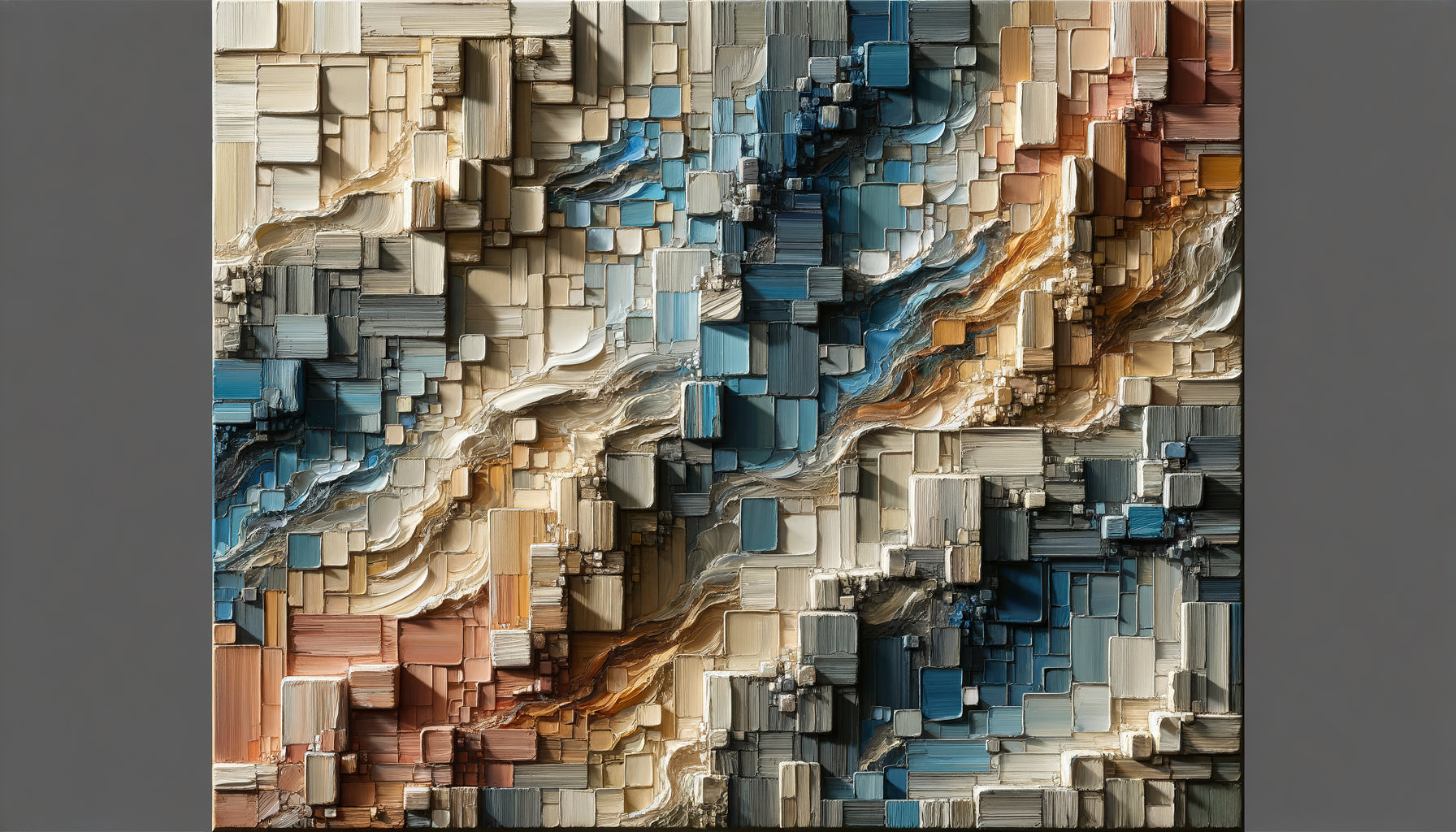 Gros plan d'un tableau contemporain texturé en relief avec épaisses couches de peinture créant une surface tridimensionnelle tactile