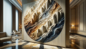 Gros plan sur tableau texturé en relief avec peinture épaisse au couteau, installé dans hall d'hôtel de luxe contemporain