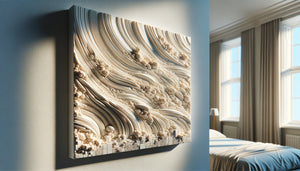 Gros plan d'un tableau contemporain avec texture en relief montrant l'accumulation de poussière dans les creux de la matière