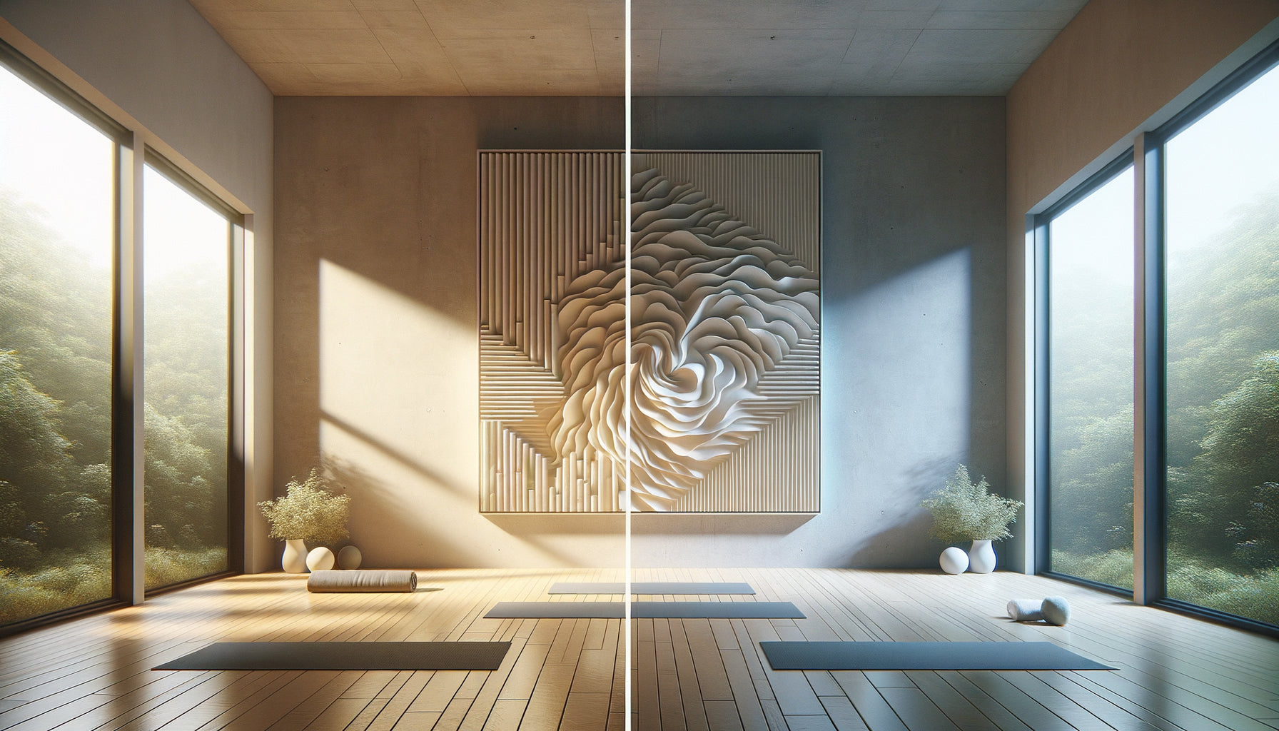 Comparaison entre tableau lisse et tableau texturé en relief dans espaces de méditation montrant l'interaction lumière-texture