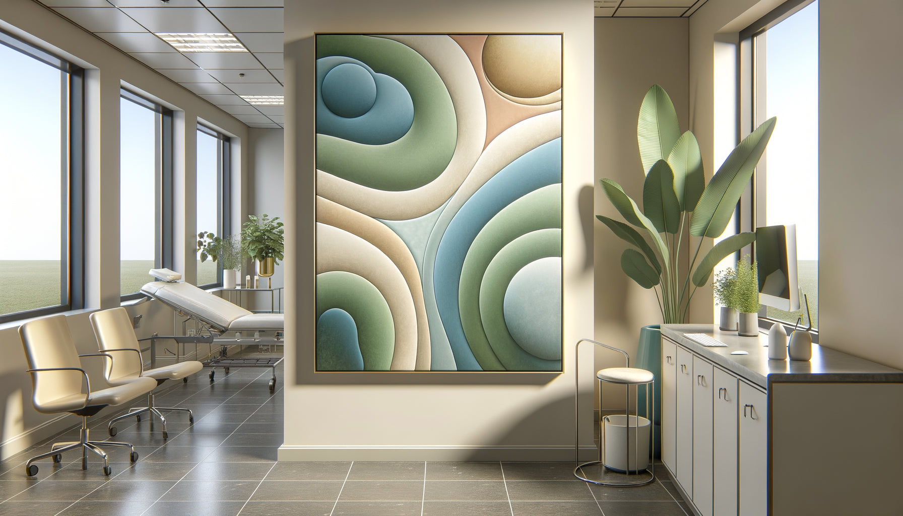 Tableau thérapeutique aux formes organiques et couleurs apaisantes dans un cabinet médical contemporain pour patients anxieux