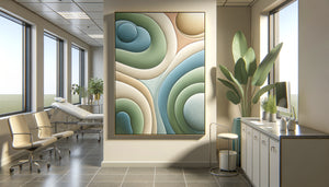 Tableau thérapeutique aux formes organiques et couleurs apaisantes dans un cabinet médical contemporain pour patients anxieux